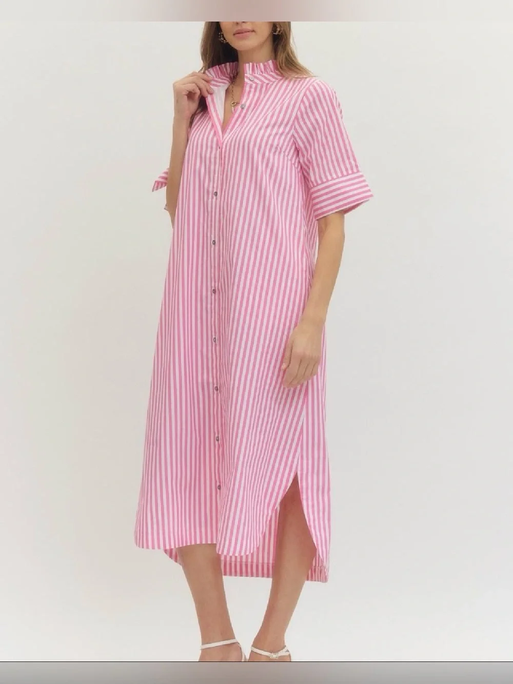 entro Pink and White Vertical-Strip Shirt Dress - Picture 2 of 6